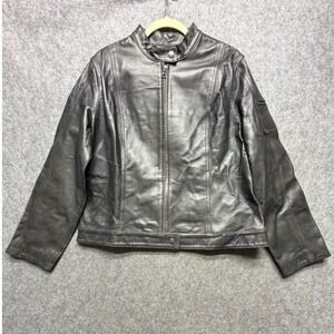 i.e. relaxed Black Leather Cafe Racer Jacket Womens XL RN 13711 Full Zip